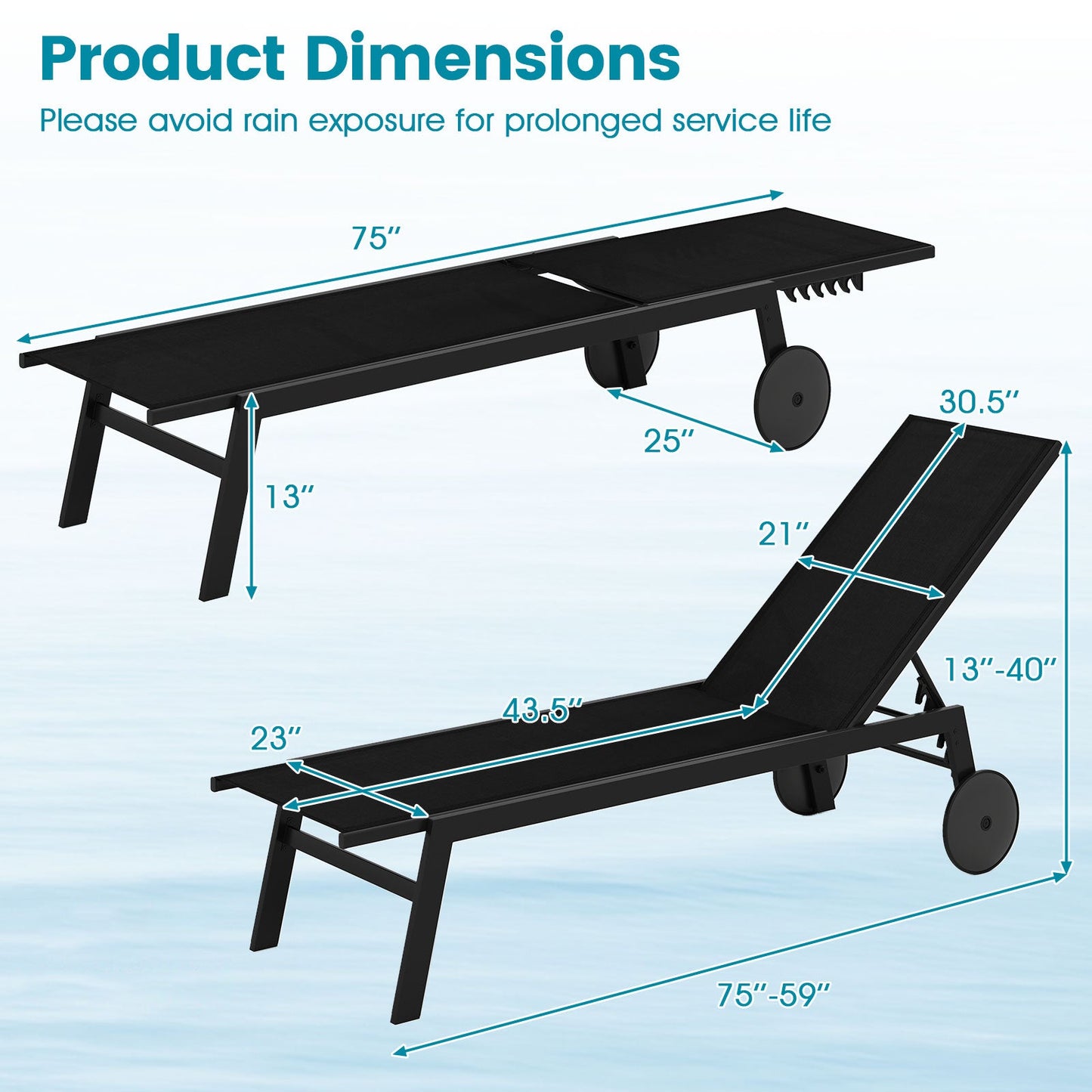 Patio Chaise Lounge Chair with Wheels and 6