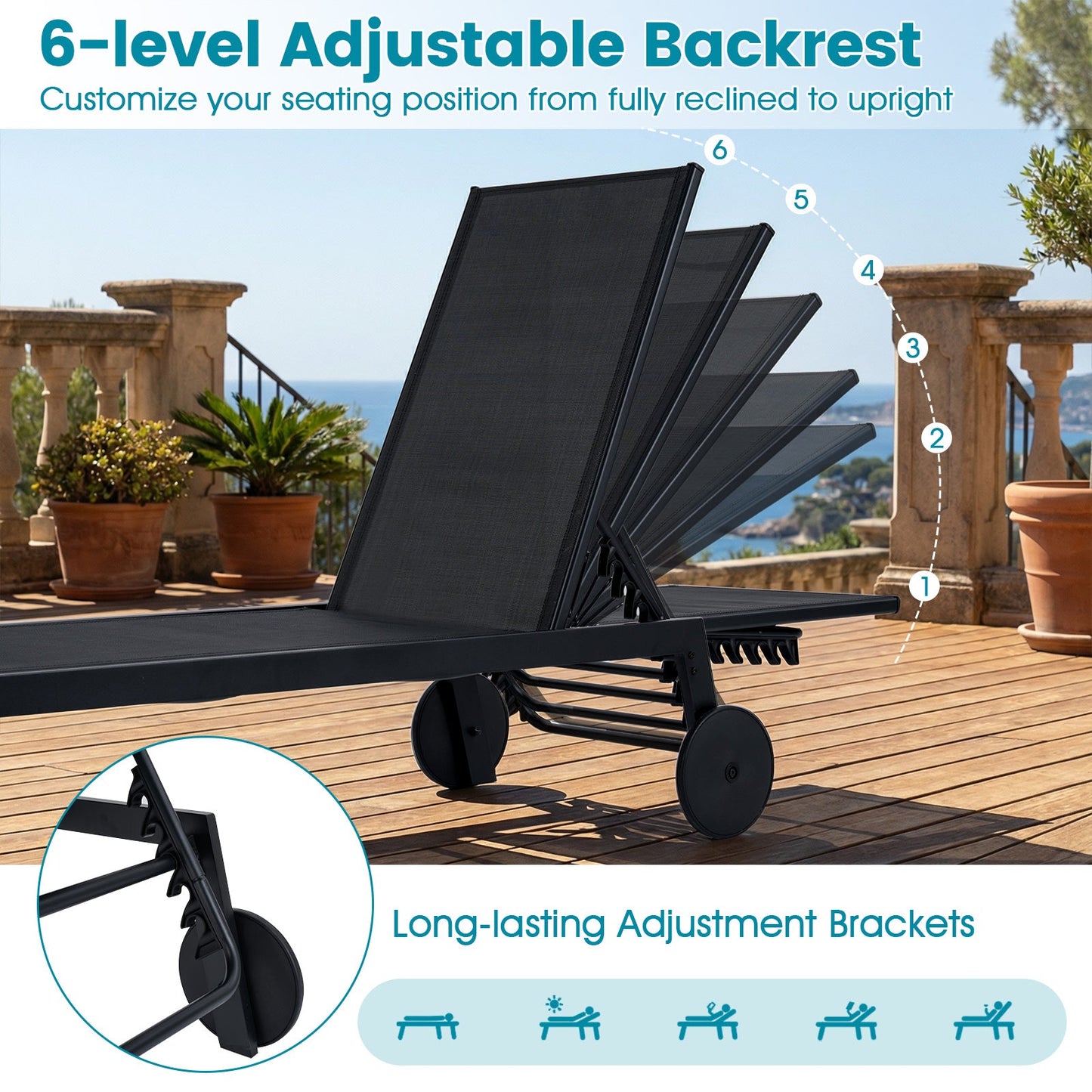 Patio Chaise Lounge Chair with Wheels and 6