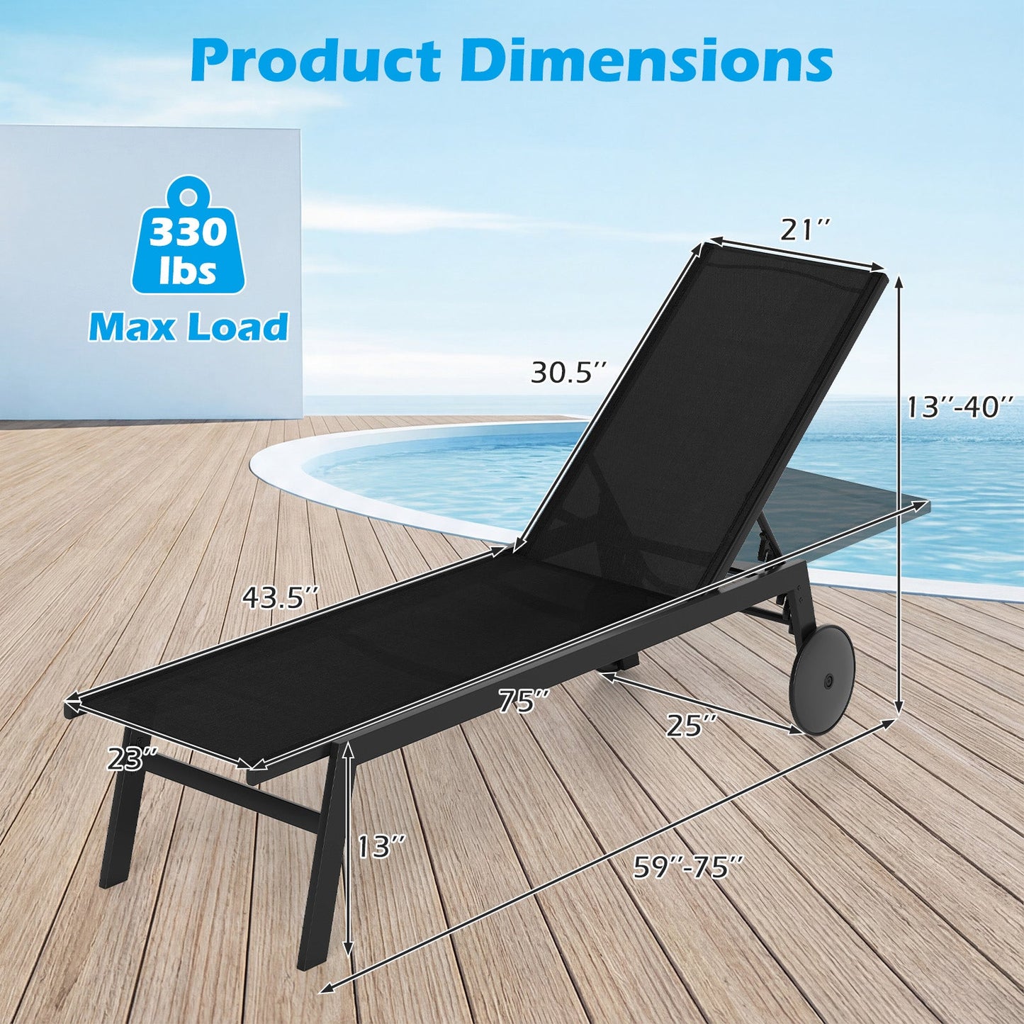Patio Chaise Lounge Chair with Wheels and 6