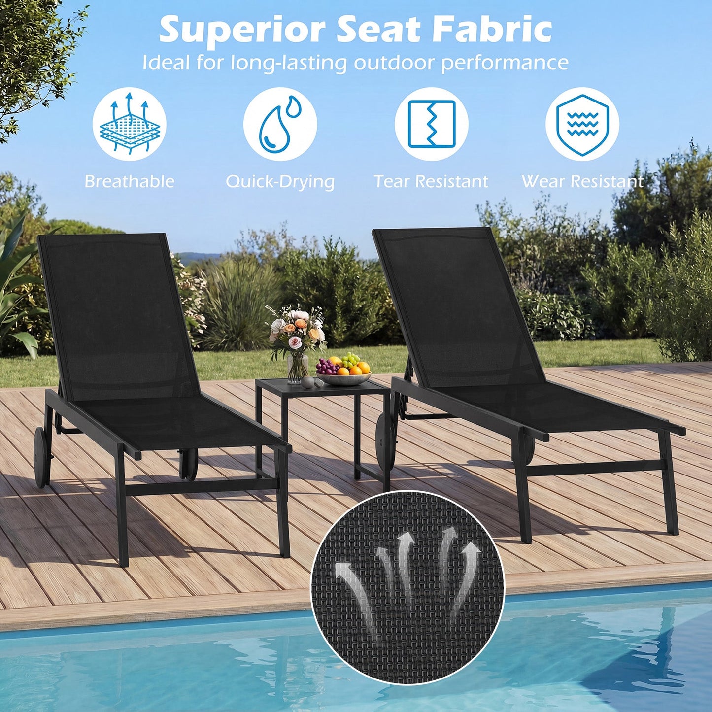 Patio Chaise Lounge Chair with Wheels and 6