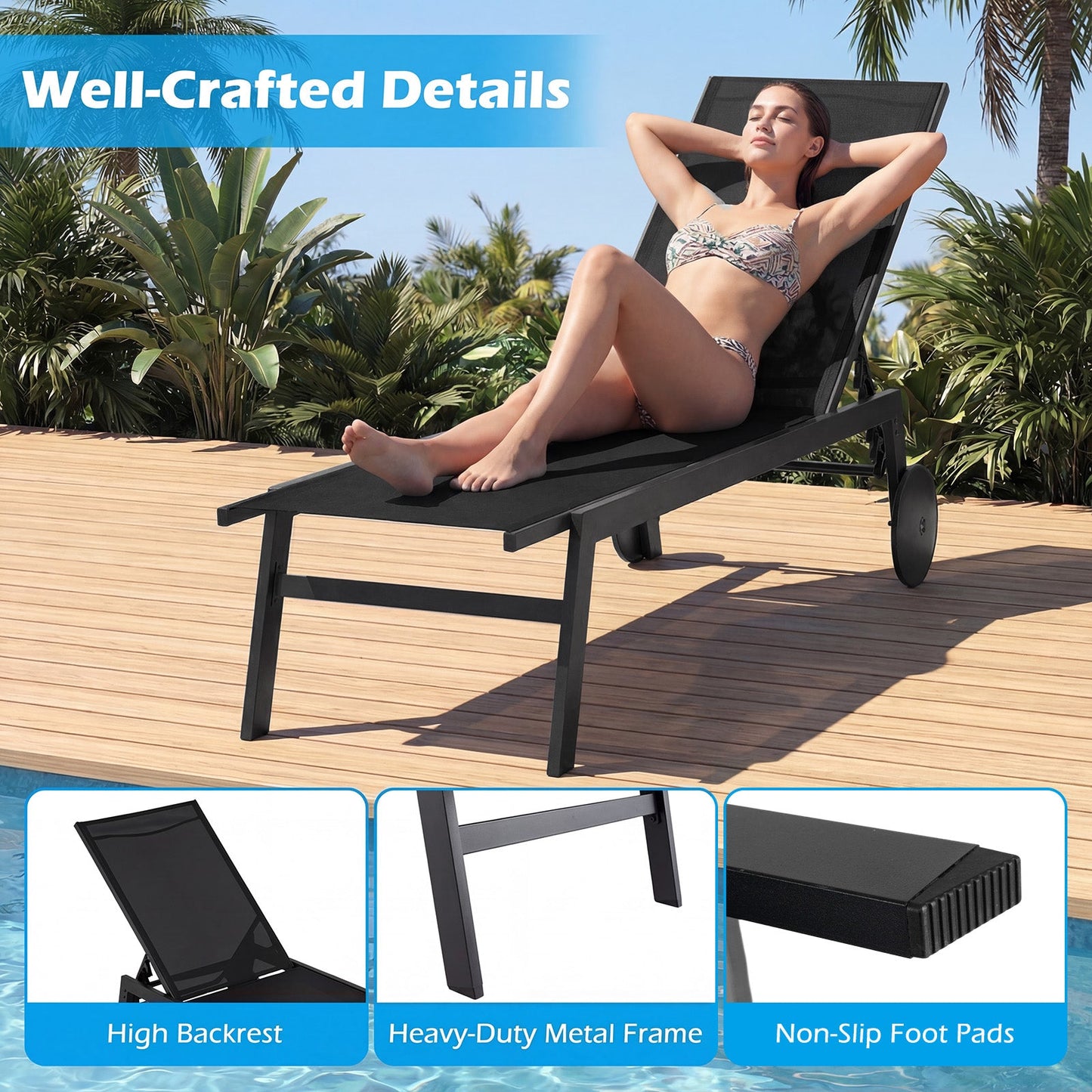 Patio Chaise Lounge Chair with Wheels and 6