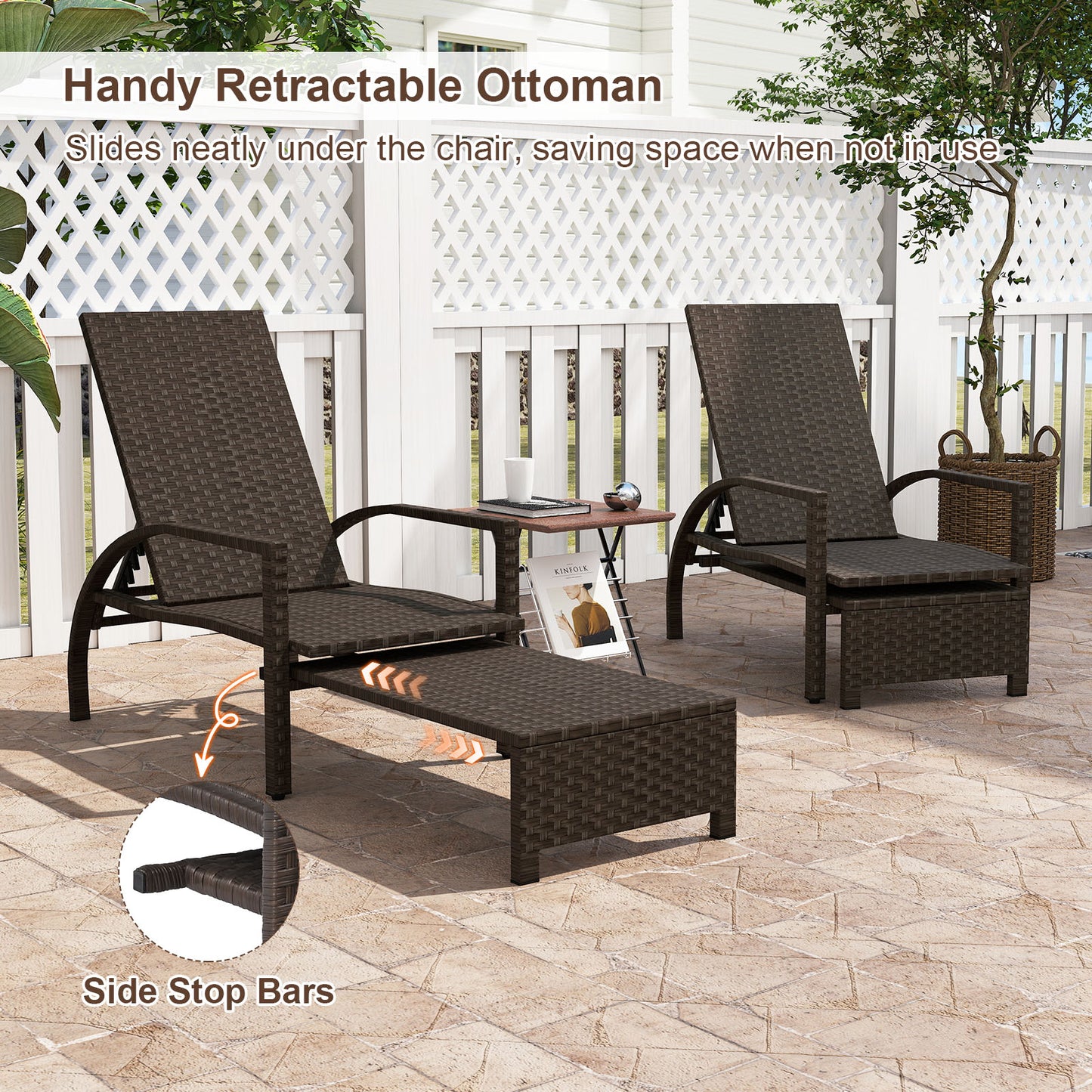 Outdoor Chaise Lounge with Retractable Ottoman - Mix Brown