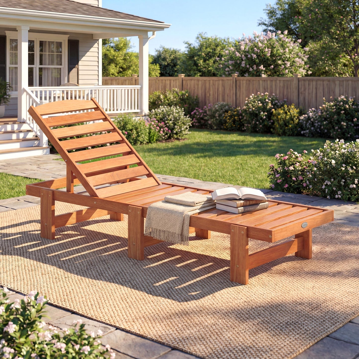 Patio Chaise Lounge Chair Solid Wood Slatted Recliner with Adjustable Backrest