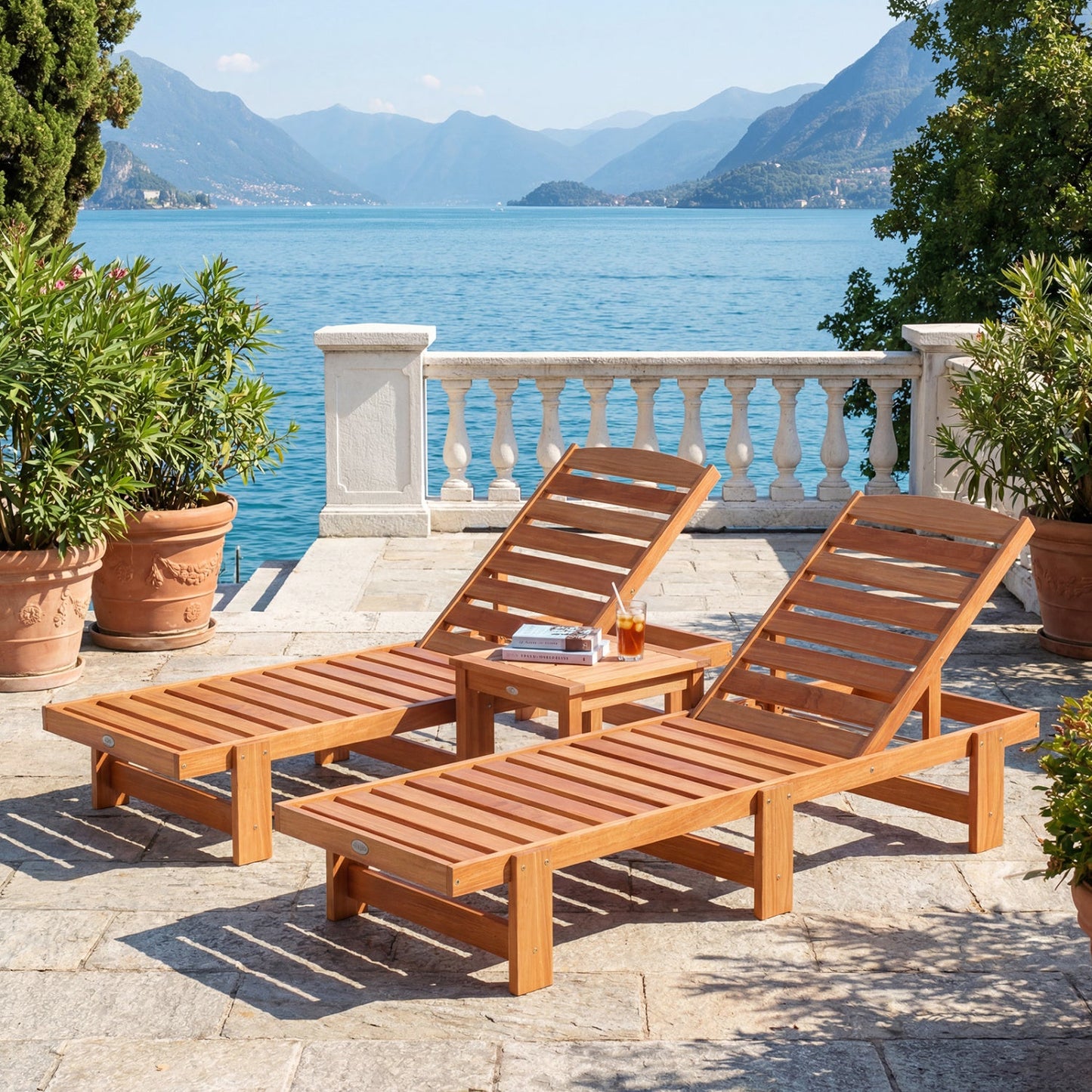 Patio Chaise Lounge Chair Solid Wood Slatted Recliner with Adjustable Backrest