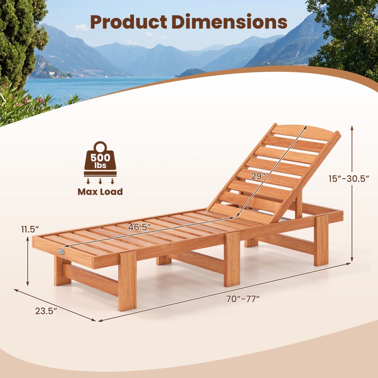 Patio Chaise Lounge Chair Solid Wood Slatted Recliner with Adjustable Backrest
