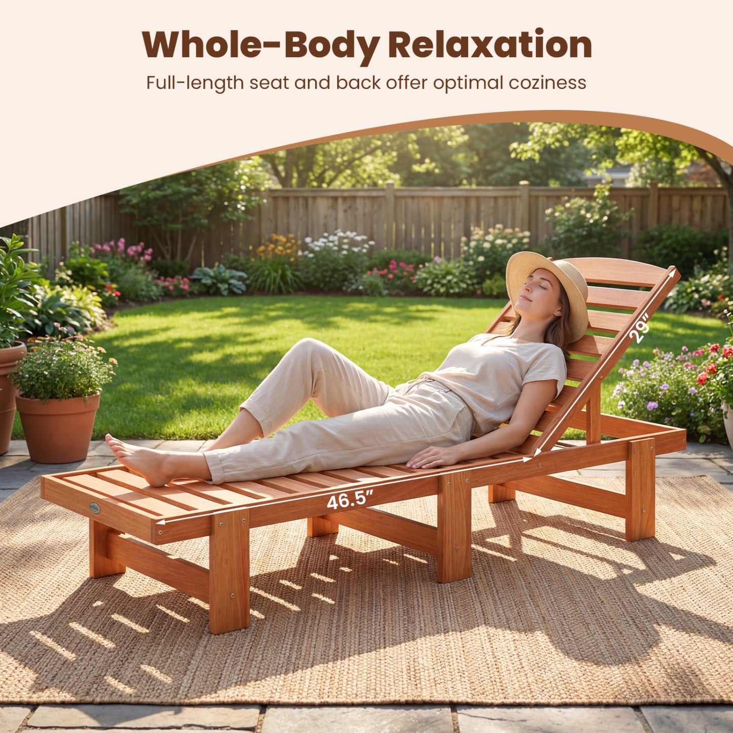 Patio Chaise Lounge Chair Solid Wood Slatted Recliner with Adjustable Backrest