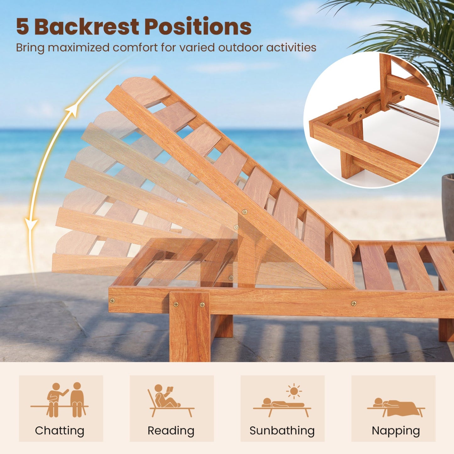 Patio Chaise Lounge Chair Solid Wood Slatted Recliner with Adjustable Backrest