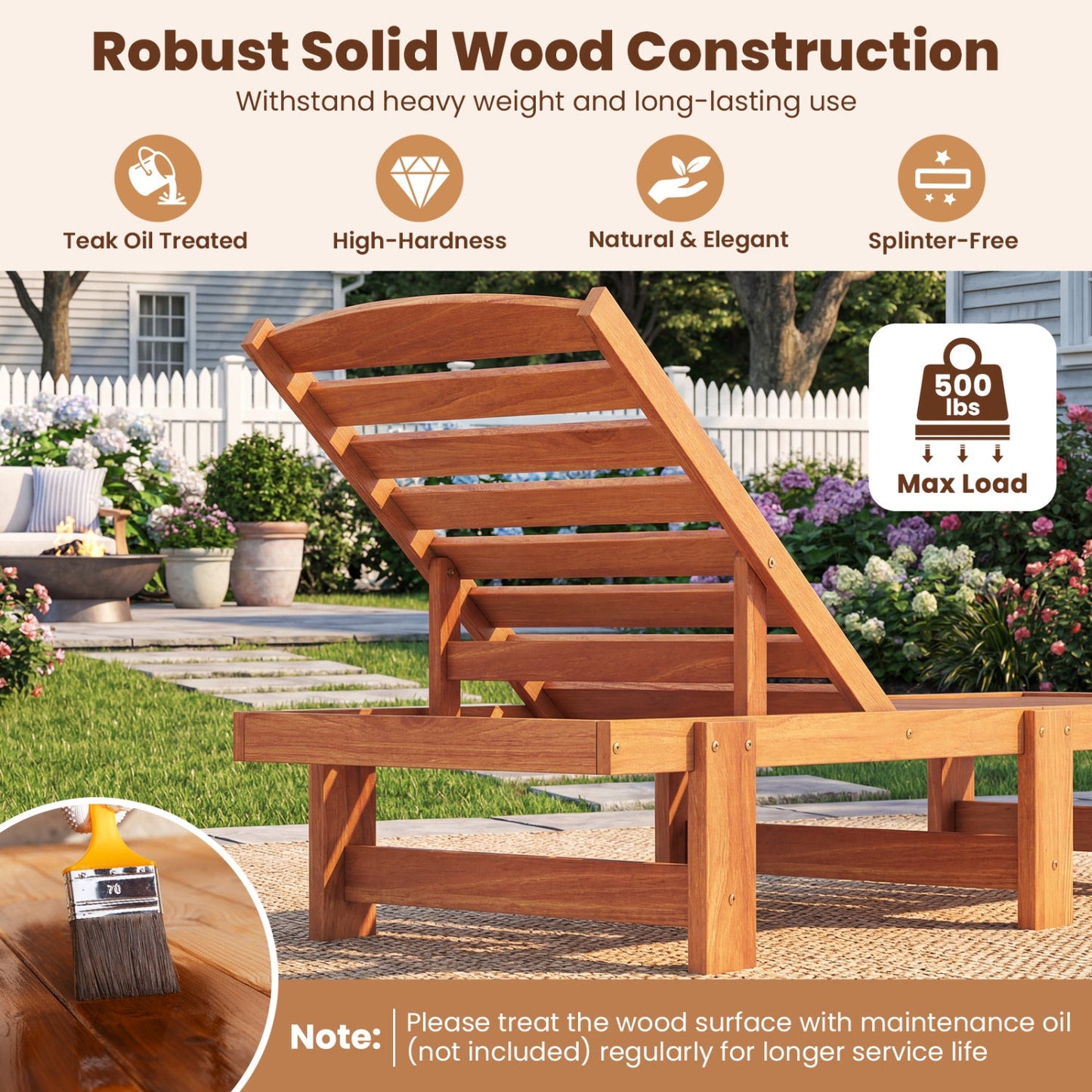 Patio Chaise Lounge Chair Solid Wood Slatted Recliner with Adjustable Backrest