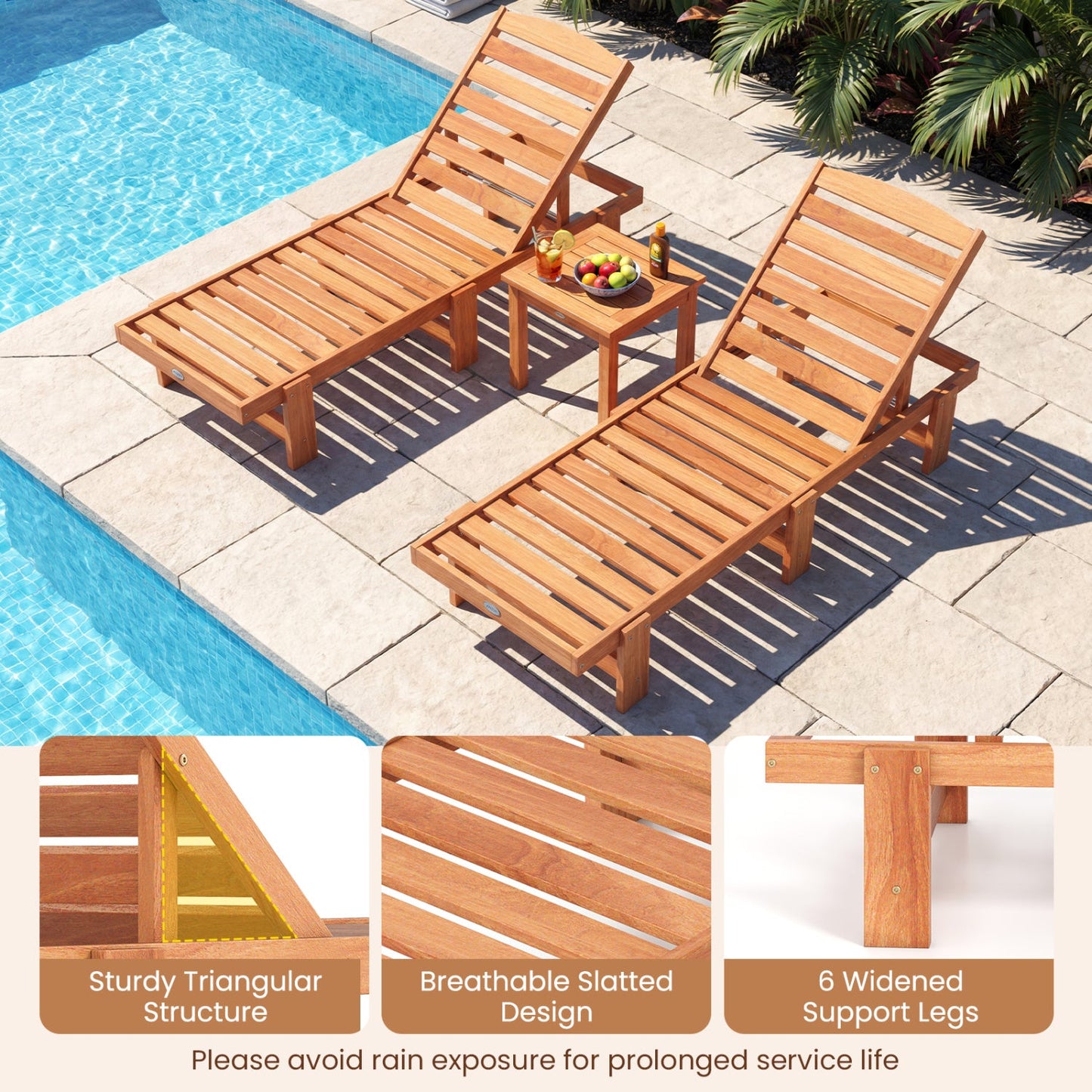 Patio Chaise Lounge Chair Solid Wood Slatted Recliner with Adjustable Backrest
