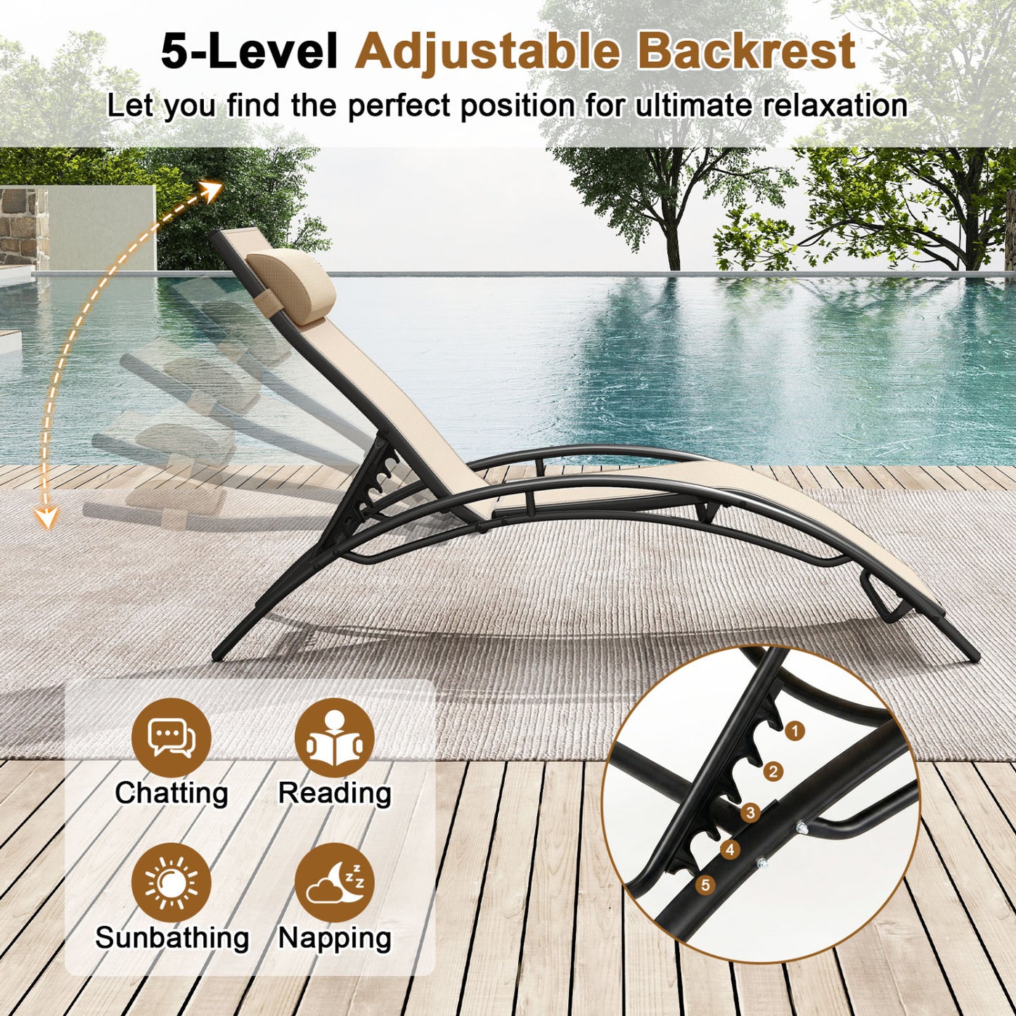 Outdoor Chaise Lounge Set of 2 with 5-Position Backrest