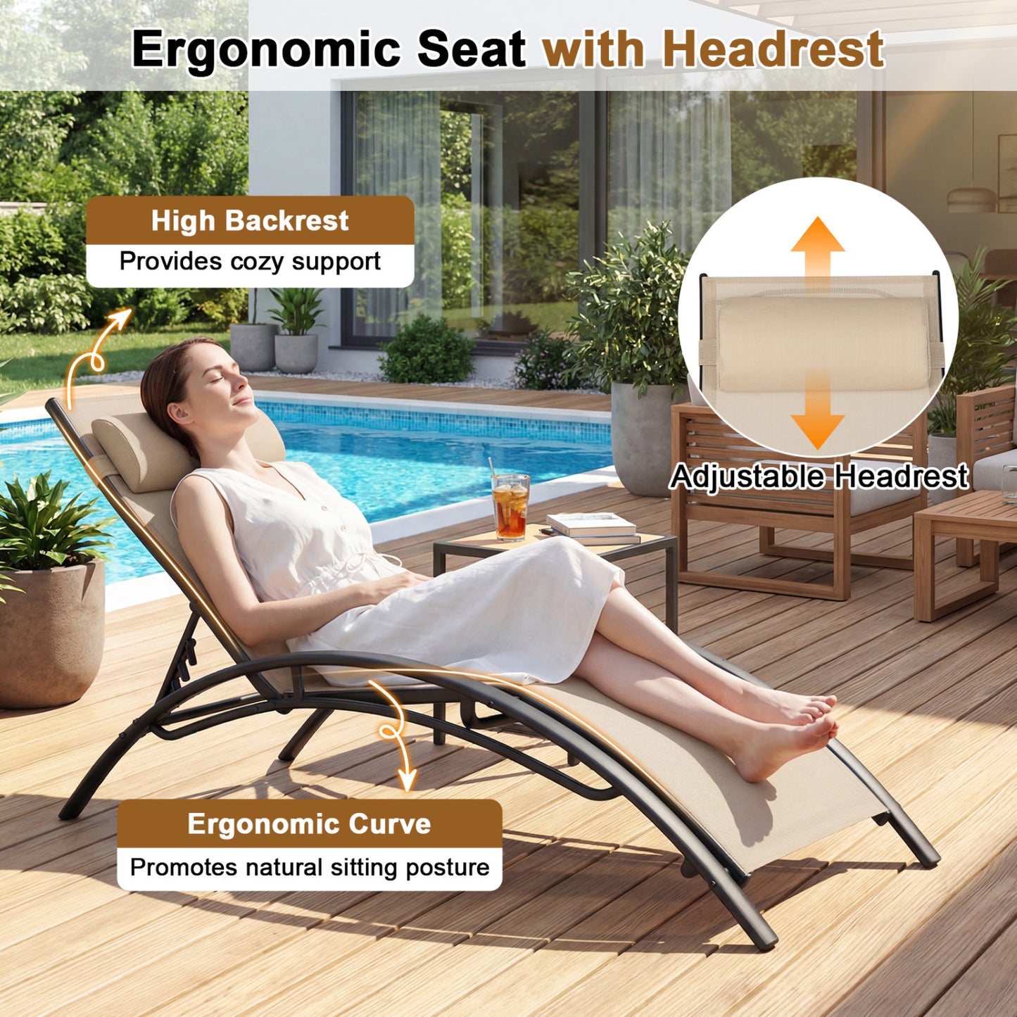 Outdoor Chaise Lounge Set of 2 with 5-Position Backrest