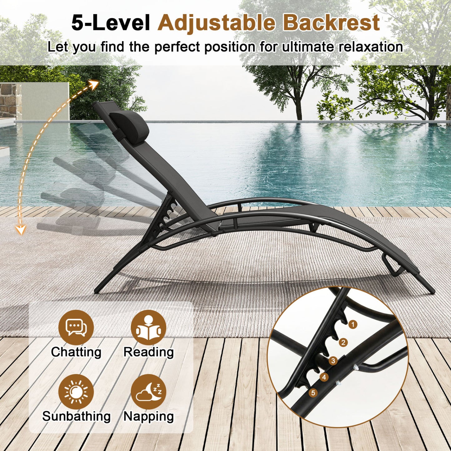 Outdoor Chaise Lounge Set of 2 with 5-Position Backrest