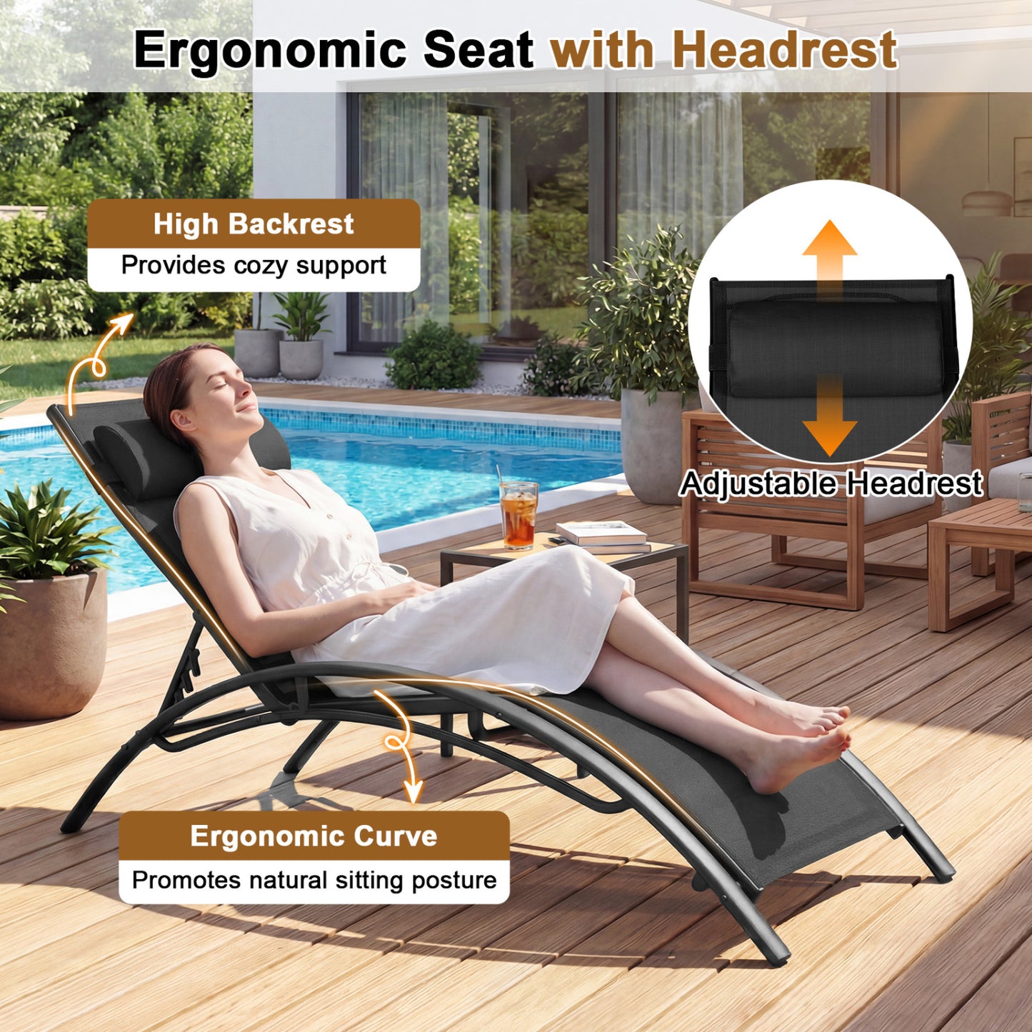 Outdoor Chaise Lounge Set of 2 with 5-Position Backrest