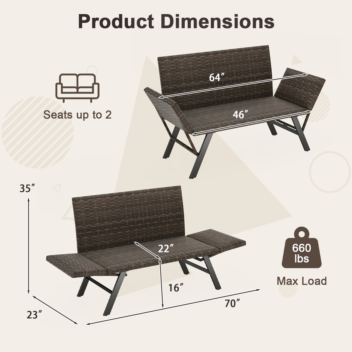 Convertible Patio Loveseat with Quick Dry Foam Cushions