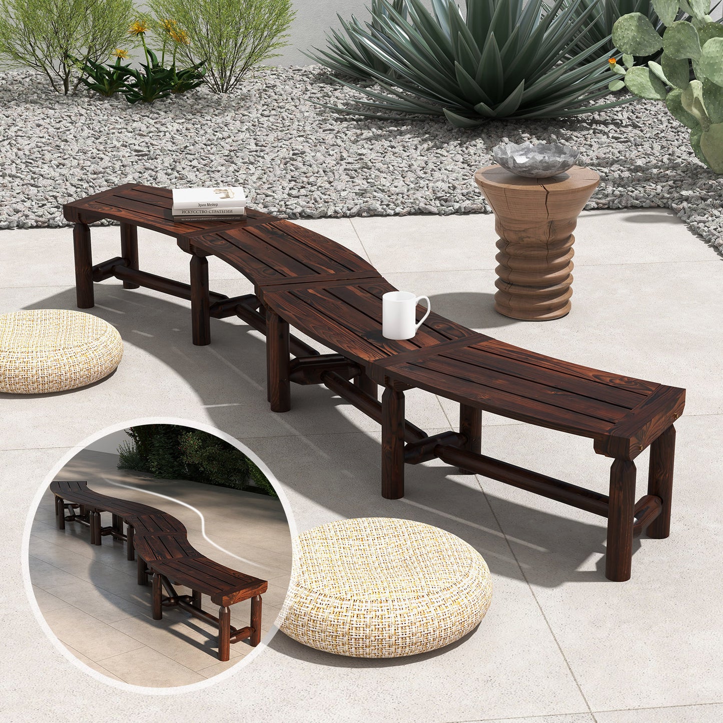 Curved Outdoor Bench for Round Tables - Rustic Brown