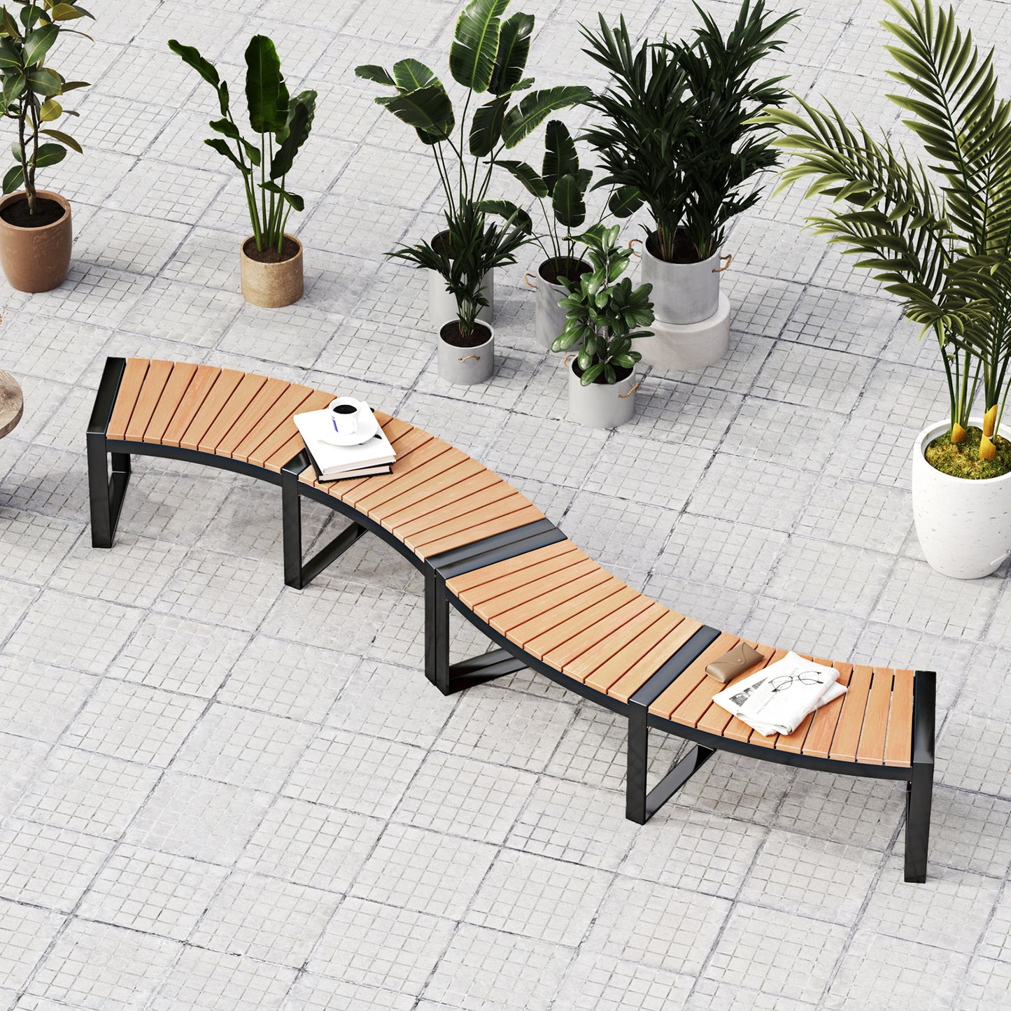 Curved Patio Bench with Acacia Wood Seat - 2 Pieces