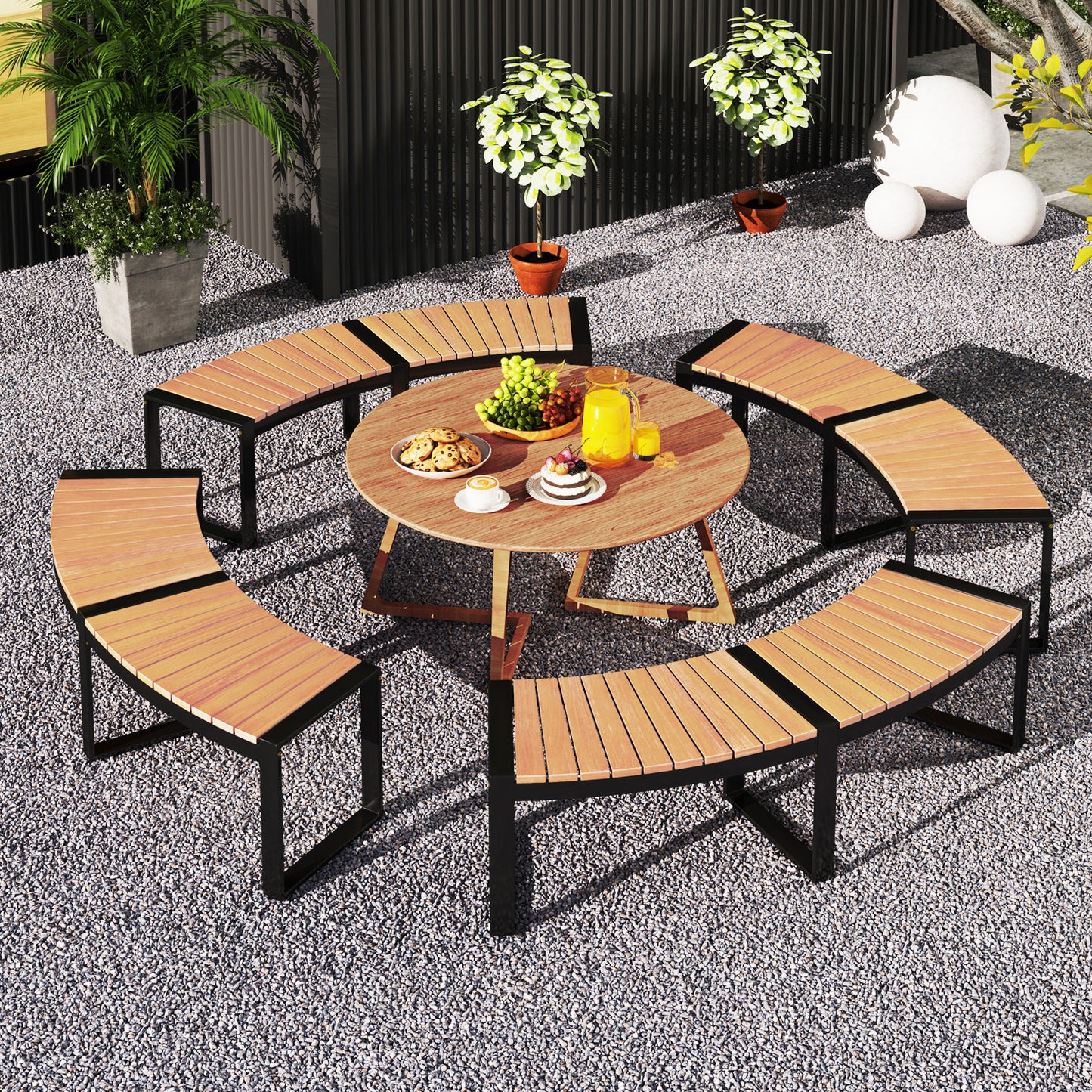 Curved Patio Bench with Acacia Wood Seat - 2 Pieces