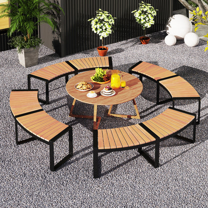 Curved Patio Bench with Acacia Wood Seat - 2 Pieces