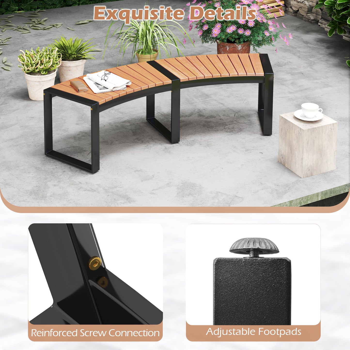 Curved Patio Bench with Acacia Wood Seat - 2 Pieces