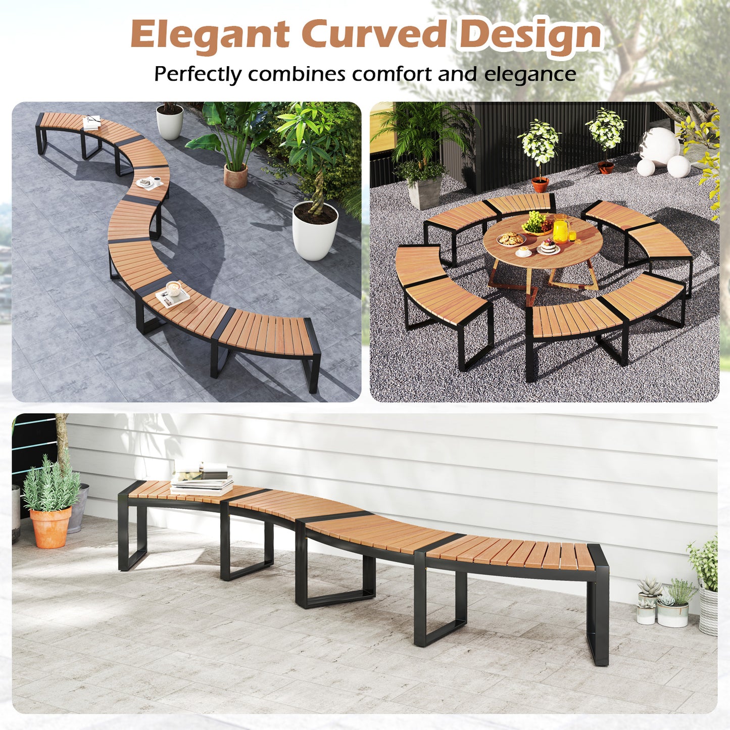 Curved Patio Bench with Acacia Wood Seat - 2 Pieces