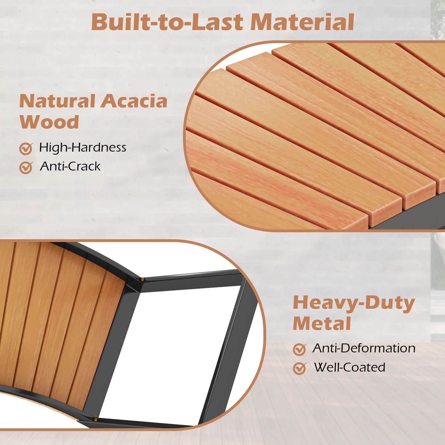 Curved Patio Bench with Acacia Wood Seat - 2 Pieces