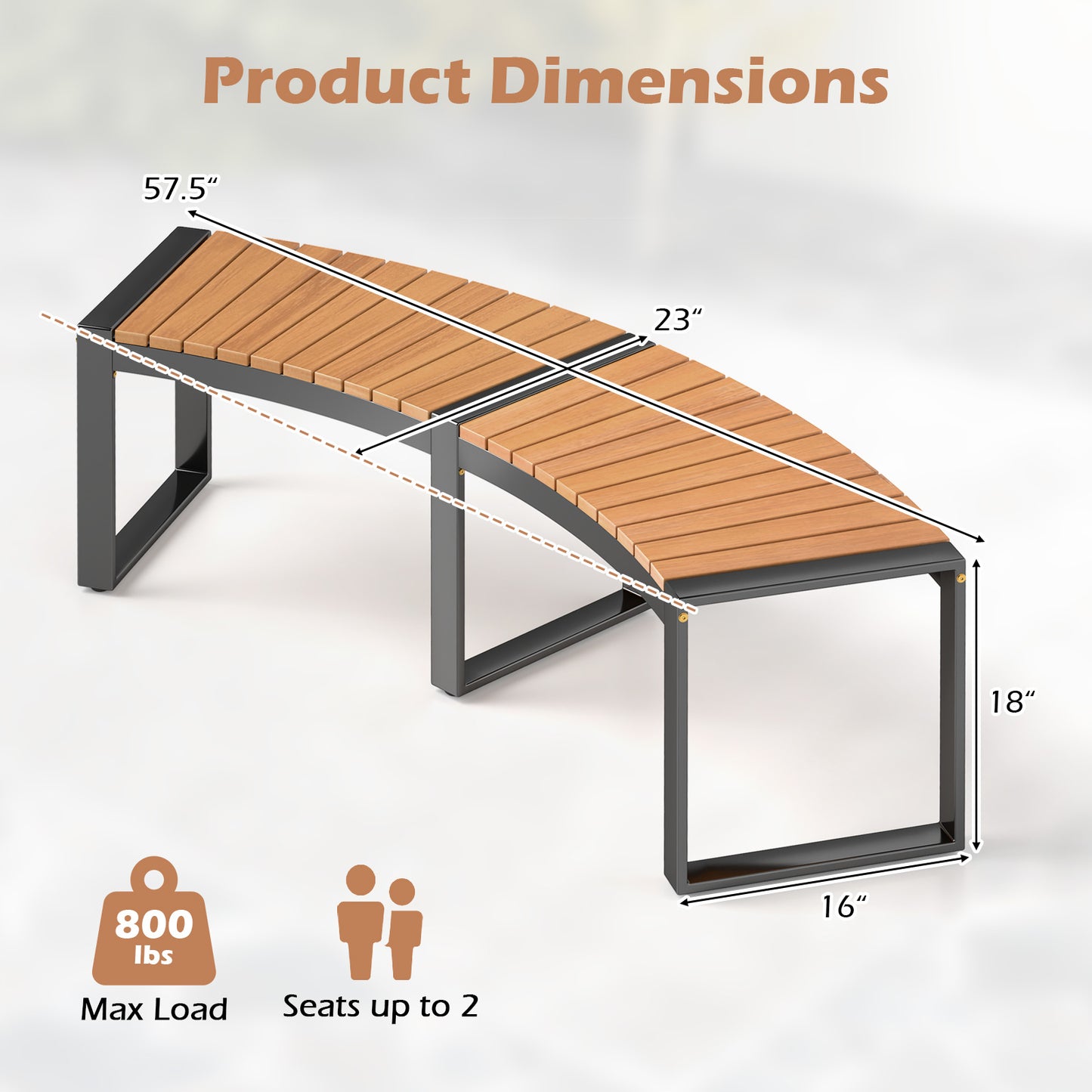 Curved Patio Bench with Acacia Wood Seat - 2 Pieces