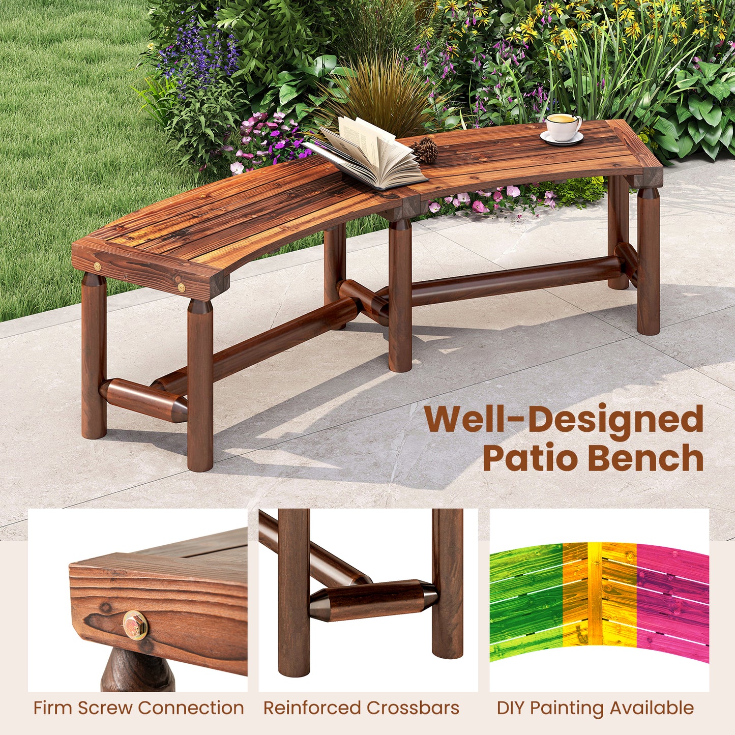 Curved Fire Pit Bench Solid Wood Outdoor Backless Loveseat