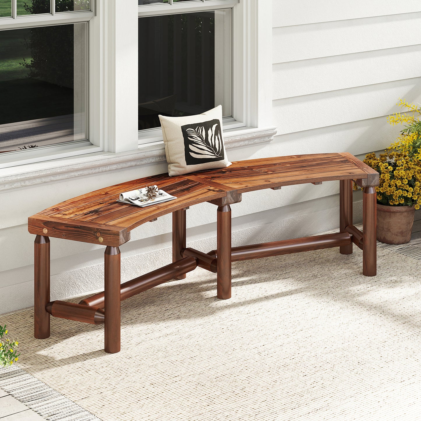 Curved Fire Pit Bench Solid Wood Outdoor Backless Loveseat