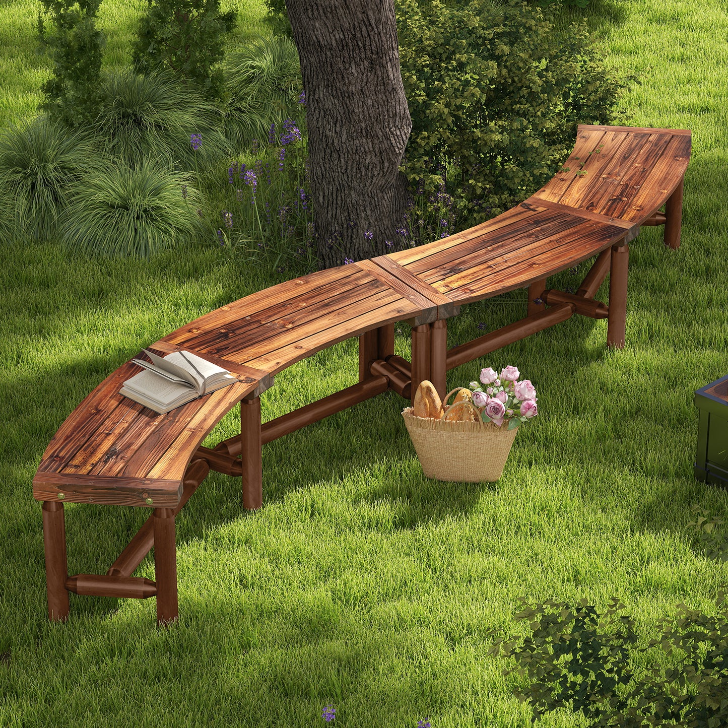 Curved Fire Pit Bench Solid Wood Outdoor Backless Loveseat