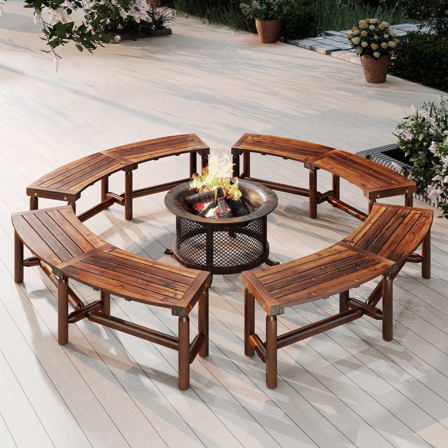 Curved Fire Pit Bench Solid Wood Outdoor Backless Loveseat