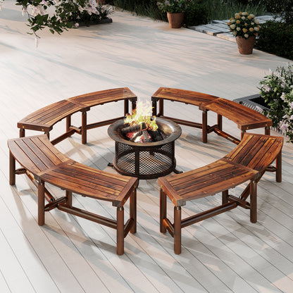 Curved Fire Pit Bench Solid Wood Outdoor Backless Loveseat