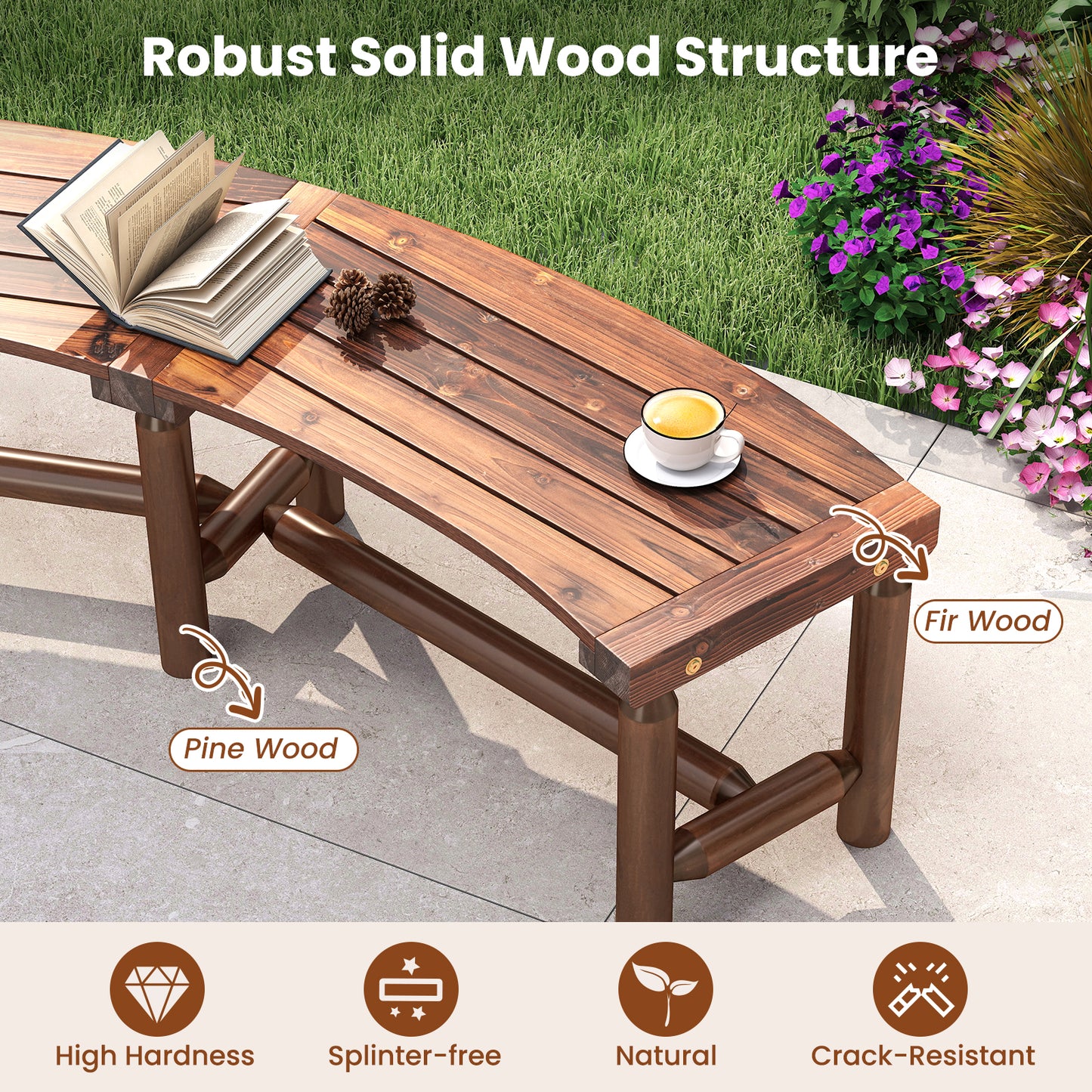 Curved Fire Pit Bench Solid Wood Outdoor Backless Loveseat