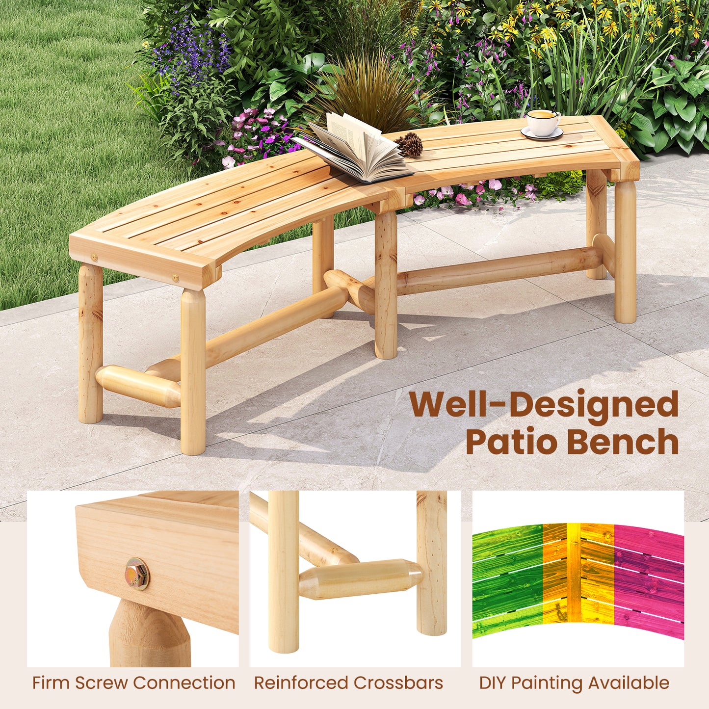 Curved Fire Pit Bench Solid Wood Outdoor Backless Loveseat