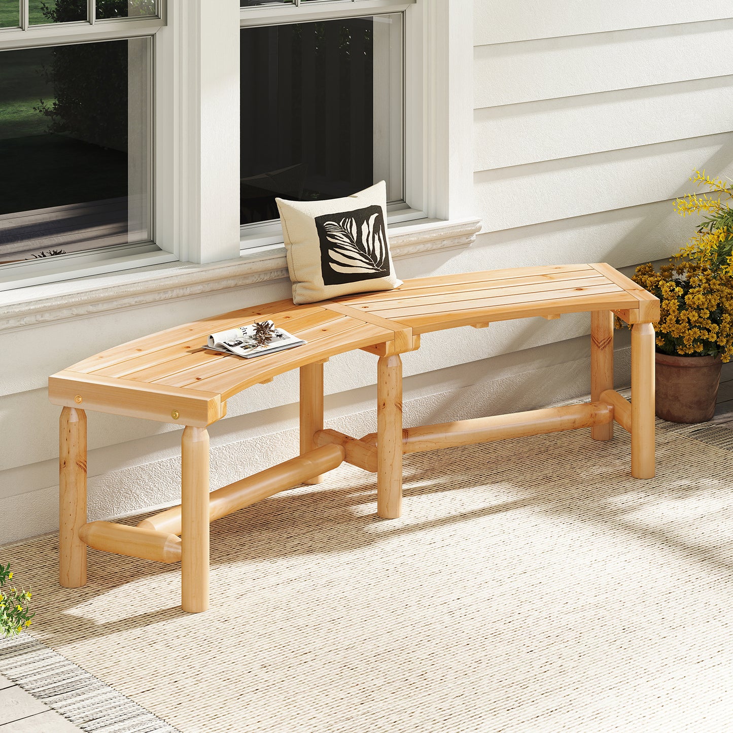 Curved Fire Pit Bench Solid Wood Outdoor Backless Loveseat