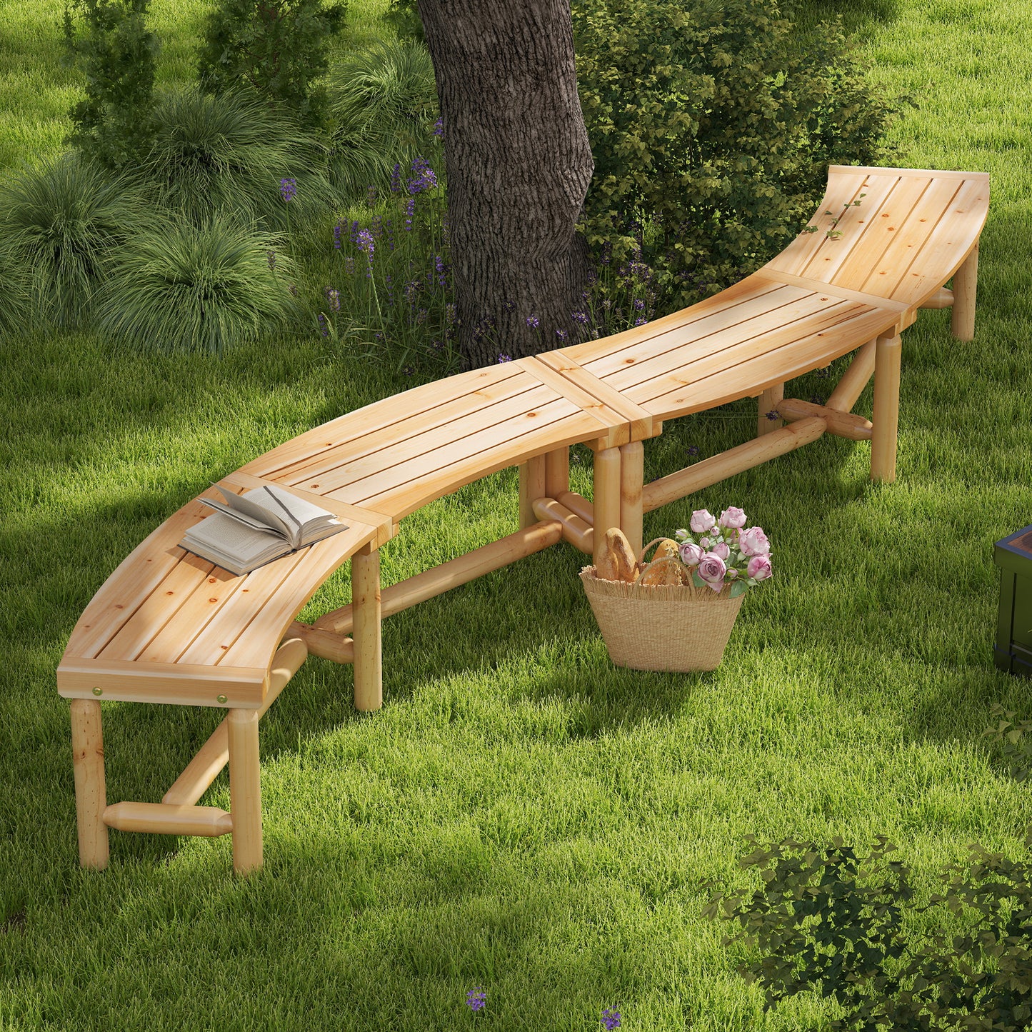 Curved Fire Pit Bench Solid Wood Outdoor Backless Loveseat