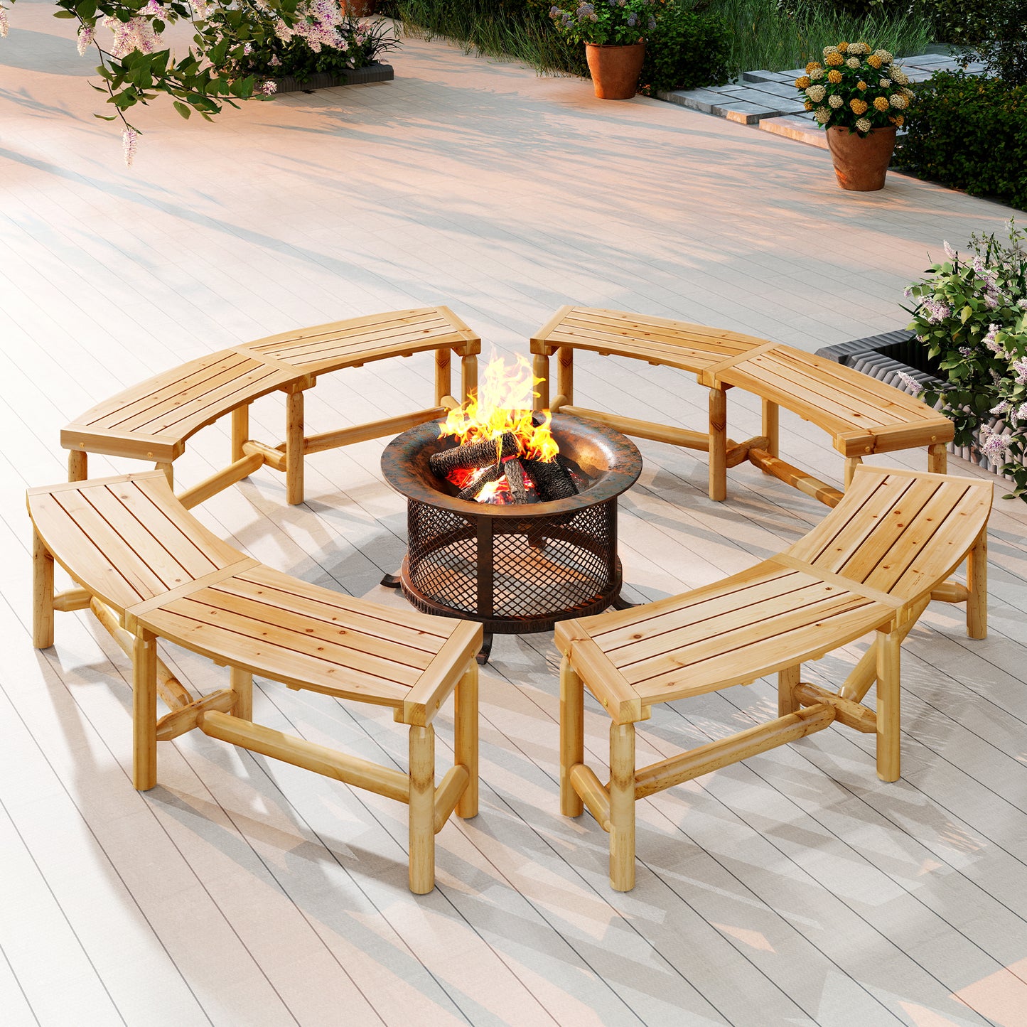 Curved Fire Pit Bench Solid Wood Outdoor Backless Loveseat