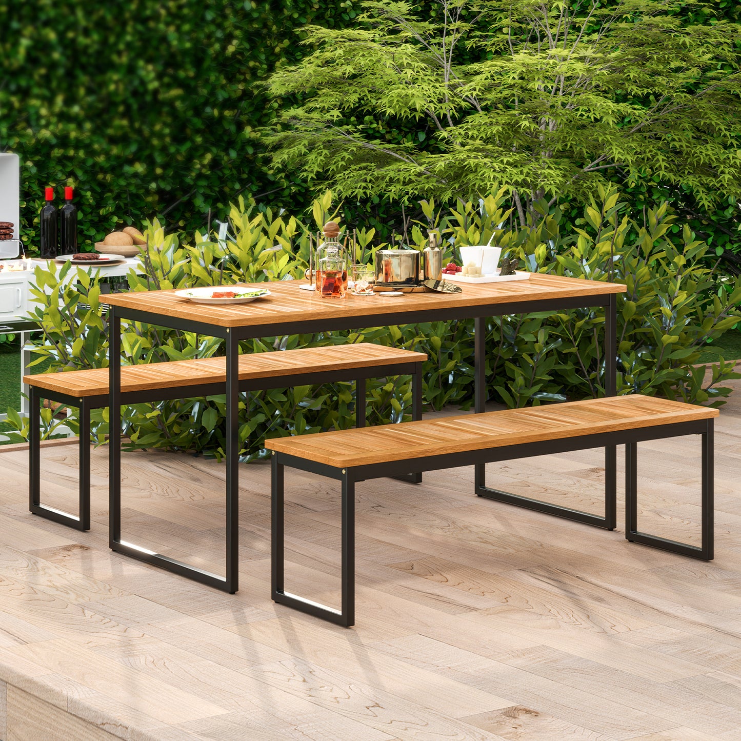 Backless Patio Dining Bench with Slatted Acacia Wood Seat