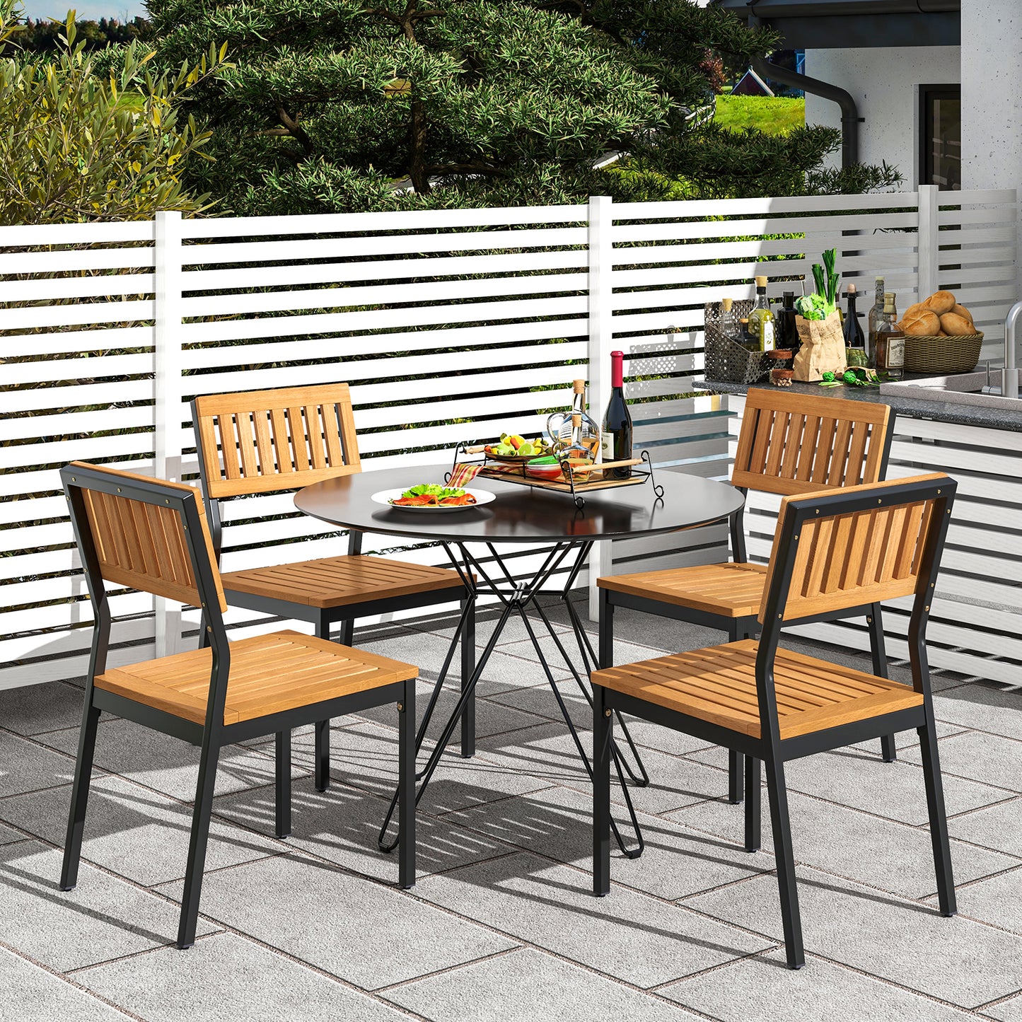 Acacia Wood Dining Chairs Set of 2 with Metal Frame