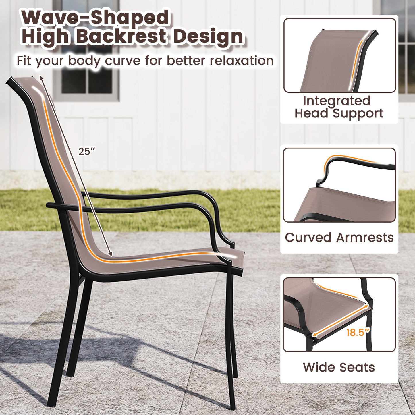 Patio Dining Chairs Set of 2 with Wide Seat and Metal Frame