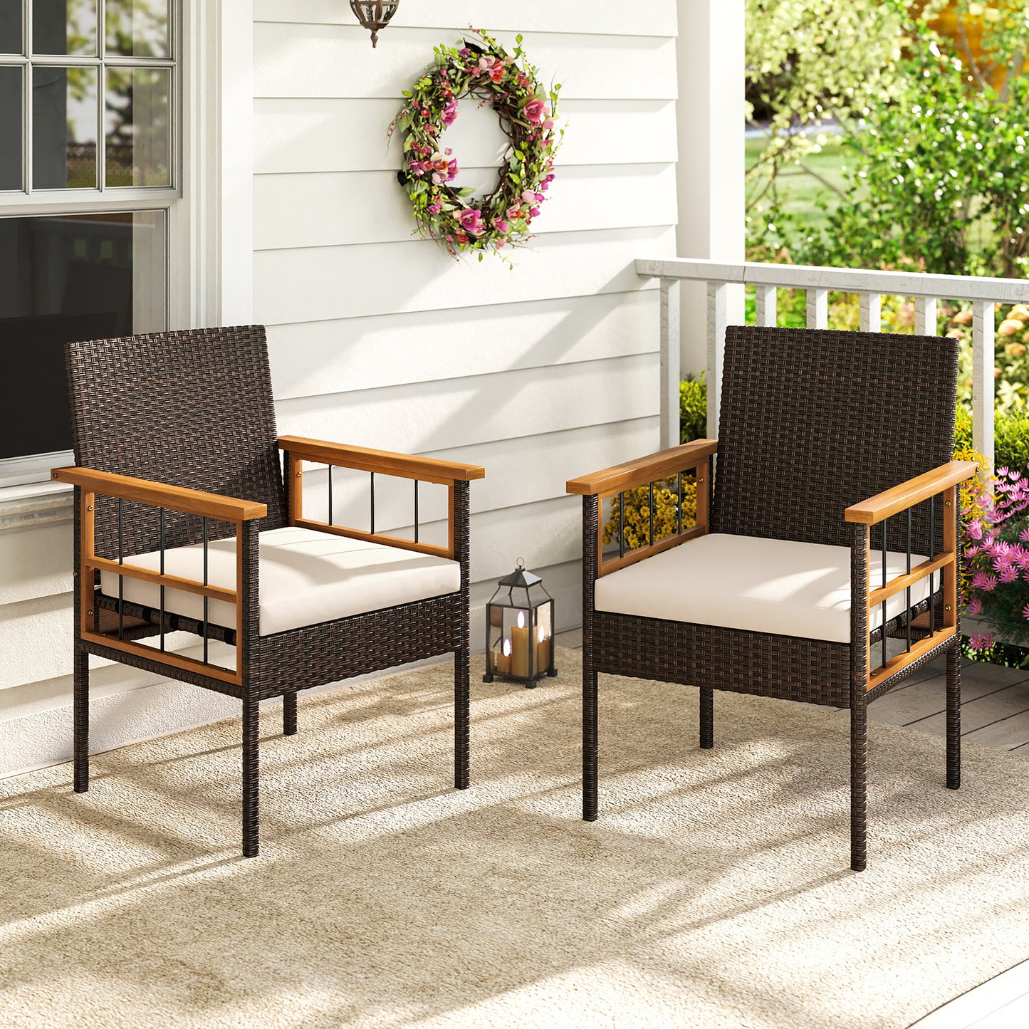 Patio Dining Chairs Set of 2 with Cushions and Acacia Frame