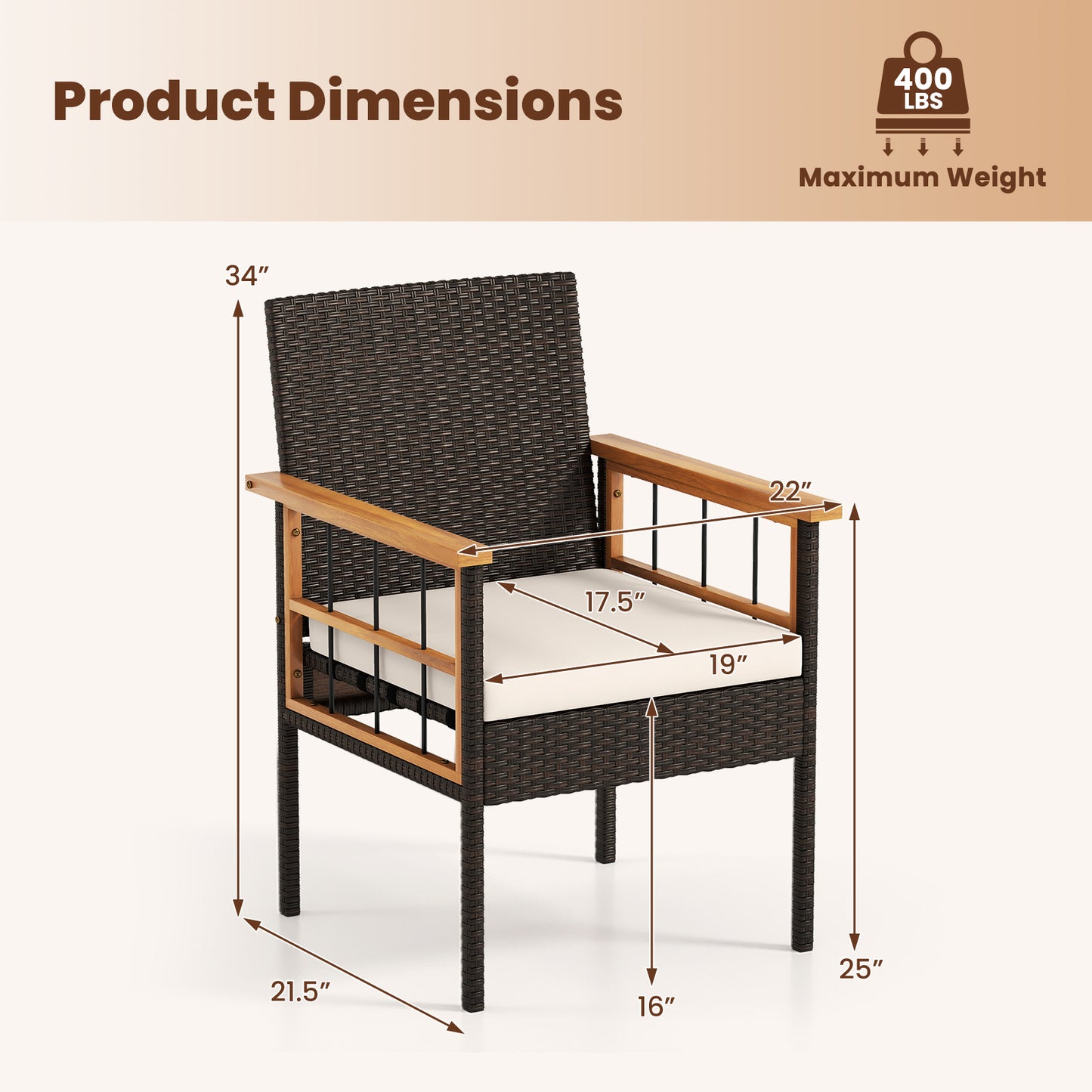 Patio Dining Chairs Set of 2 with Cushions and Acacia Frame