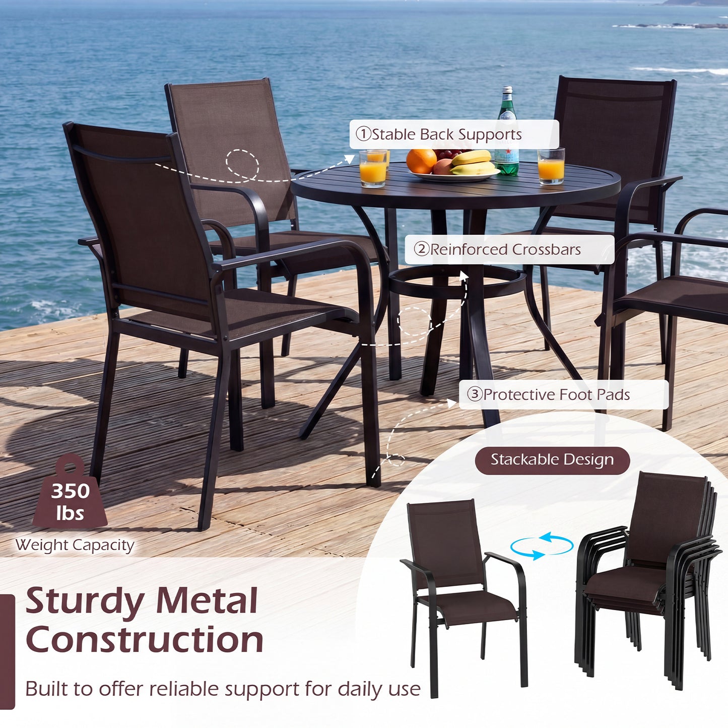 Stackable Patio Dining Chairs Set - Coffee Brown Mesh