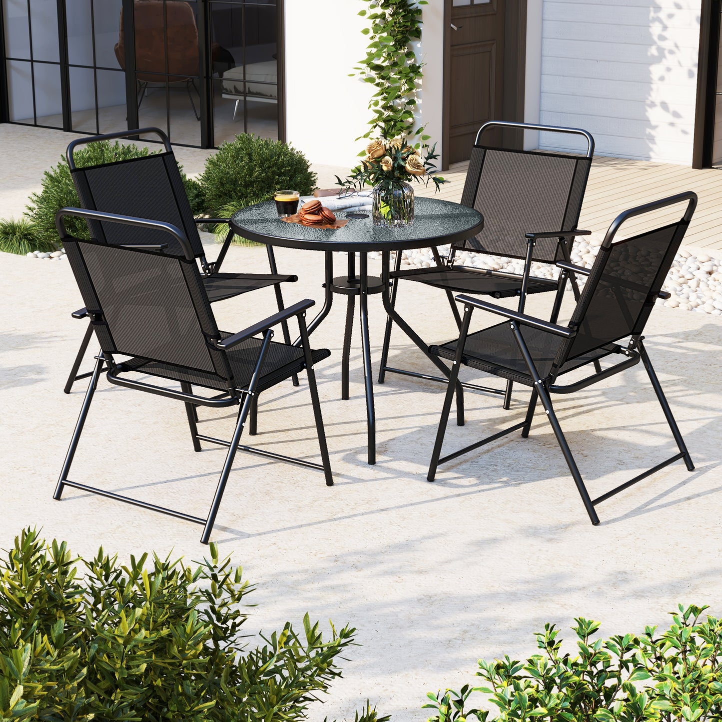 6-Piece Patio Dining Set with Umbrella and Folding Chairs