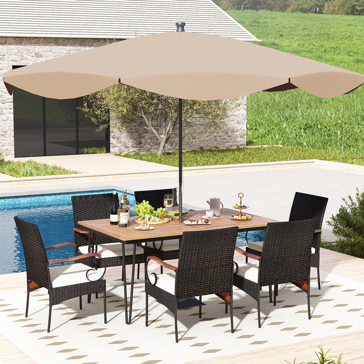 7-Piece Patio Dining Set with Rattan Chairs & Cushions