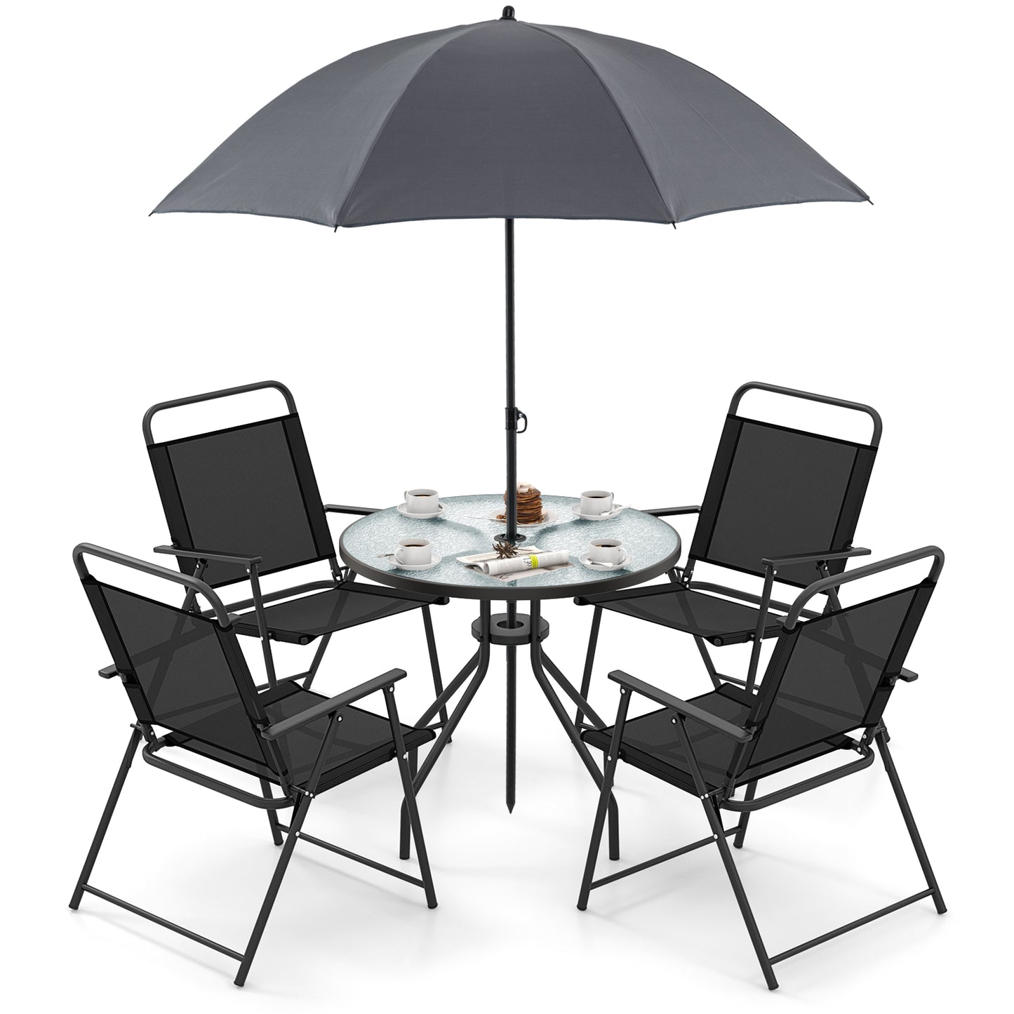 6-Piece Patio Dining Set with Umbrella and Folding Chairs