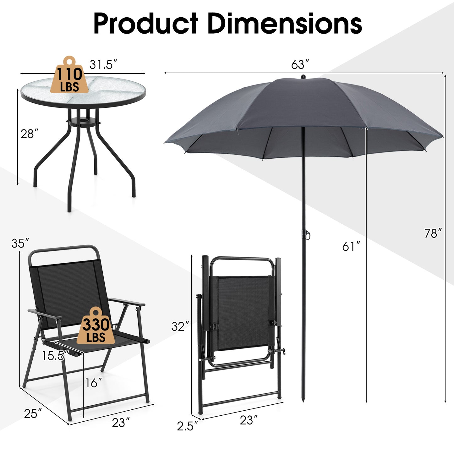 6-Piece Patio Dining Set with Umbrella and Folding Chairs