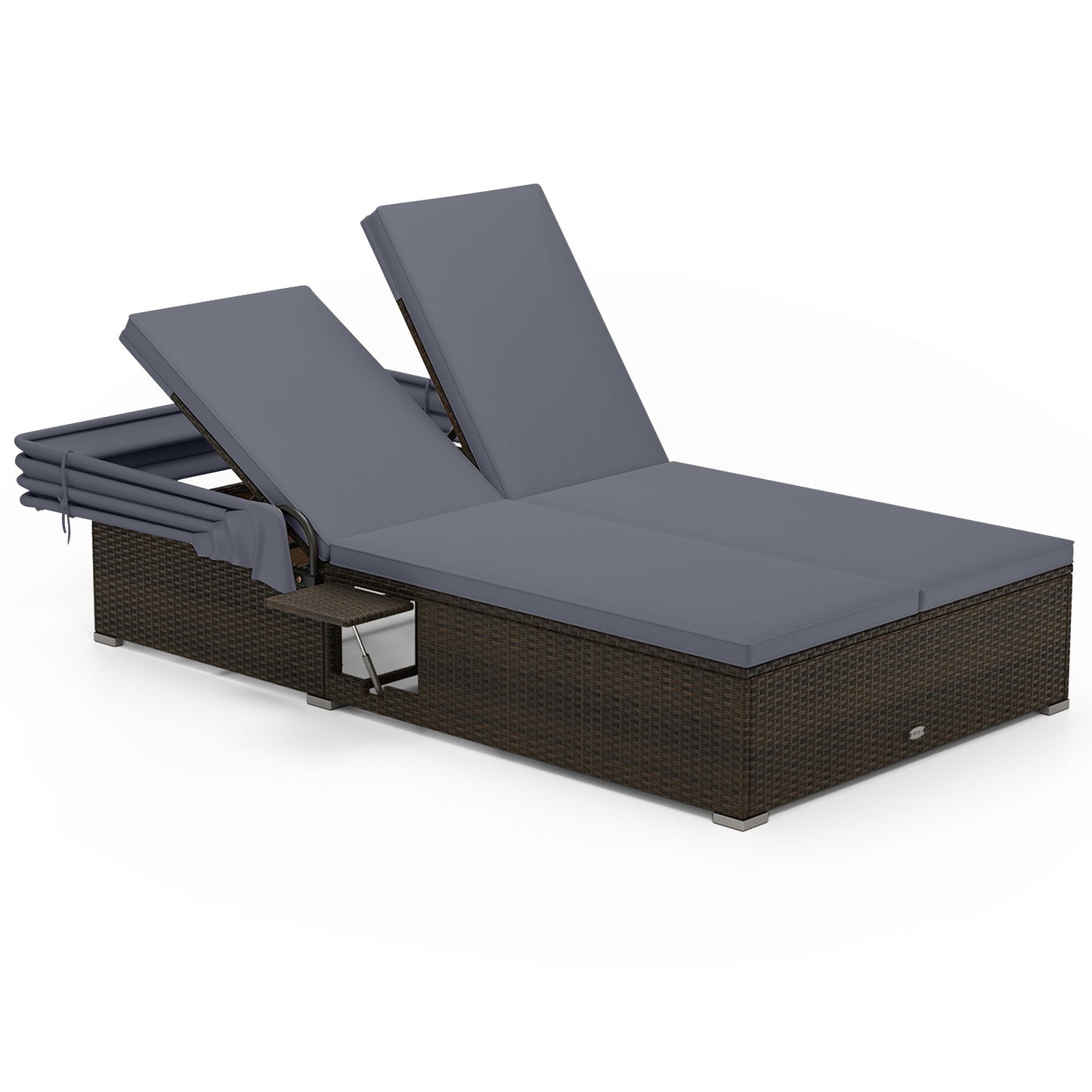 Double Chaise Lounge with Canopy, Cushions & Side Tables
