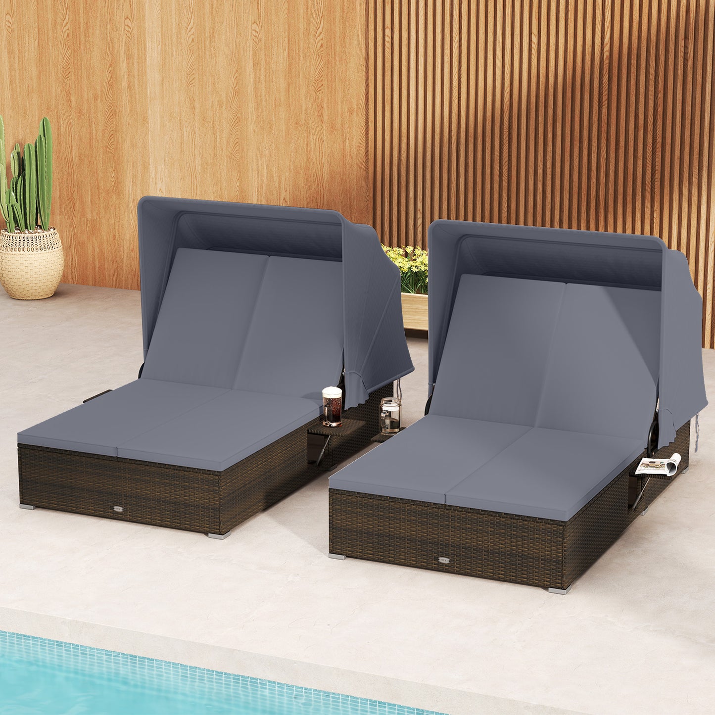 Double Chaise Lounge with Canopy, Cushions & Side Tables
