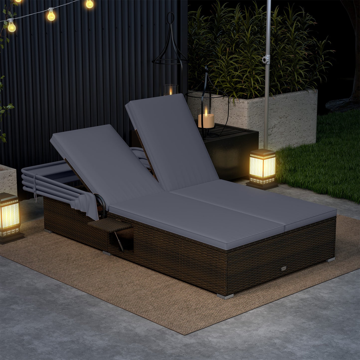 Double Chaise Lounge with Canopy, Cushions & Side Tables