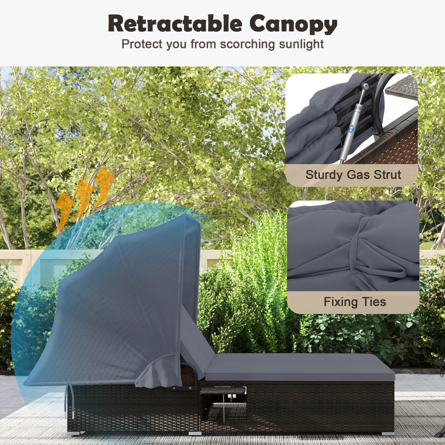 Double Chaise Lounge with Canopy, Cushions & Side Tables